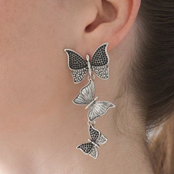 WHBM * Butterfly BLACK CRYSTALS Silvertone Earrings - Picture 6 of 6